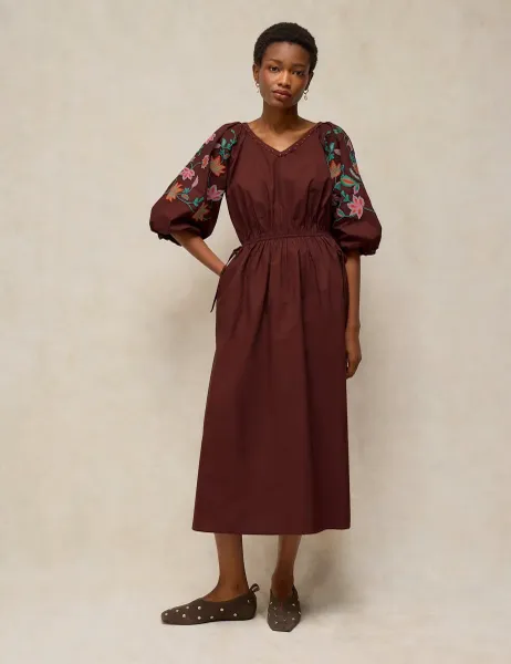 White Stuff Winnie Pure Cotton Embroidered V Neck Midi Dress Brown