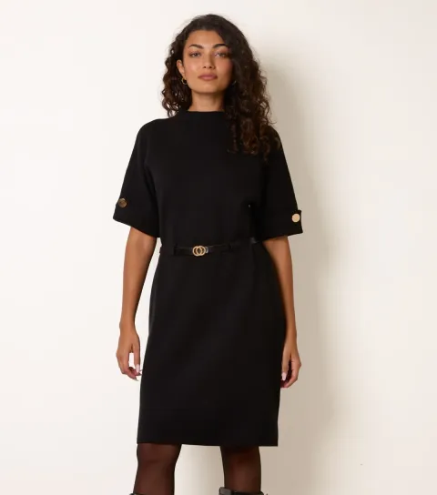 Blue Vanilla Women's Black Funnel Neck Belted Knit Dress