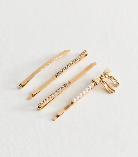 Pack of 4 Gold Tone Diamante and Bow Embellished Hair Slides