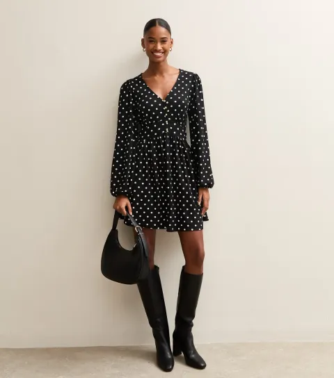 Women's Black Polka Dot Crinkle Mini Dress