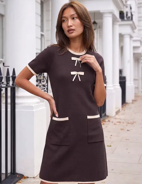 Roman Bow Detail Round Neck Knitted Shift Dress Chocolate