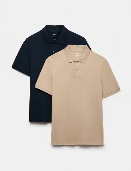 Marks & Spencer Ultimate 2 Pack Cotton Rich Polo Shirts Sand Mix