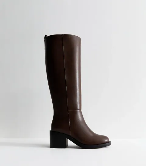 New Look Women's Dark Brown Faux Leather Heeled Knee High Boots Vegan