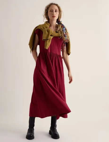 Seasalt Cornwall Cotton Rich Notch Neck Midi Waisted Dress Red