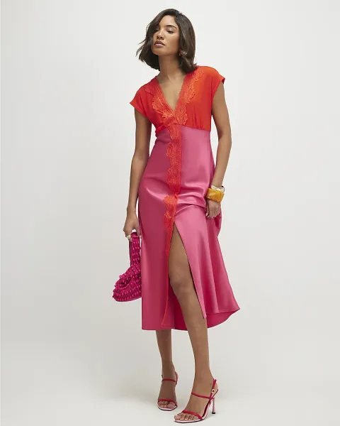 River Island Short Sleeve Lace Satin Midi Dress