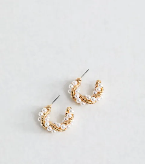 New Look Gold Tone Twisted Faux Pearl Chunky Hoop Earrings