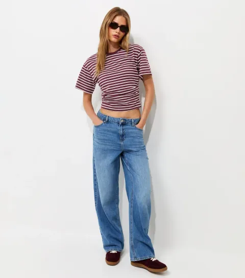 Women's Red Striped Ruched Waist Crew Neck T-Shirt