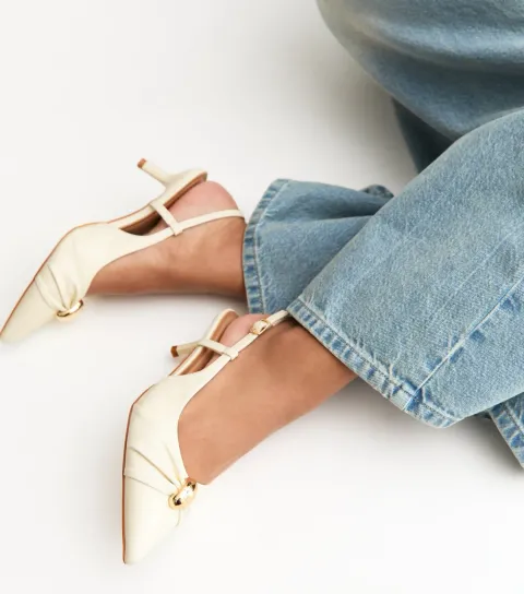 Women's Off White Faux Leather Ring Slingback Court Shoes Vegan