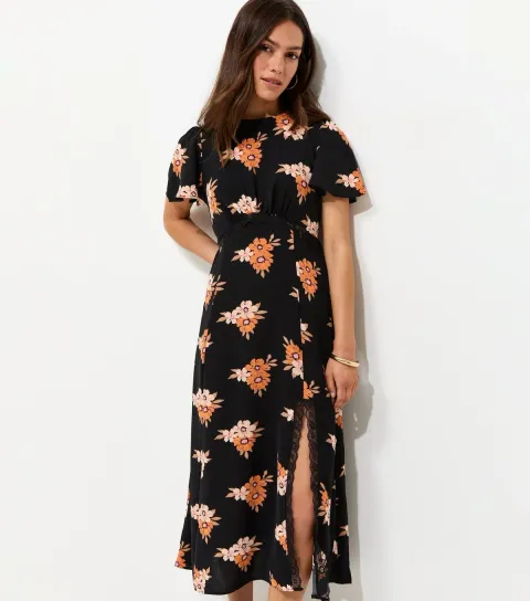 Women's Petite Black Floral Print Lace Trim Midi Dress