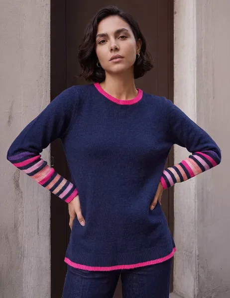 Roman Contrast Stripe Acrylic Knit Jumper Navy Mix