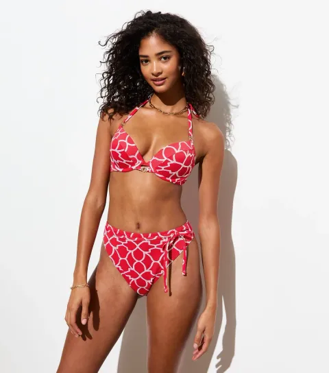 Women's Red Geometric Print Tie High Waist Bikini Bottoms