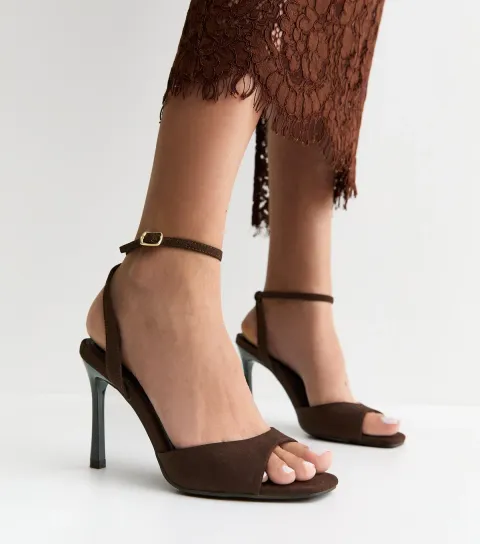 Women's Dark Brown Faux Suede Slingback Stiletto Sandals Vegan