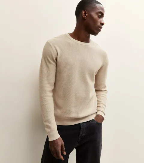 Men's Stone Regular Textured Crew Neck Jumper