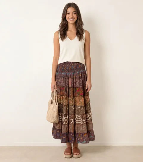 Blue Vanilla Women's Dark Brown Floral Paisley Tiered Midi Skirt