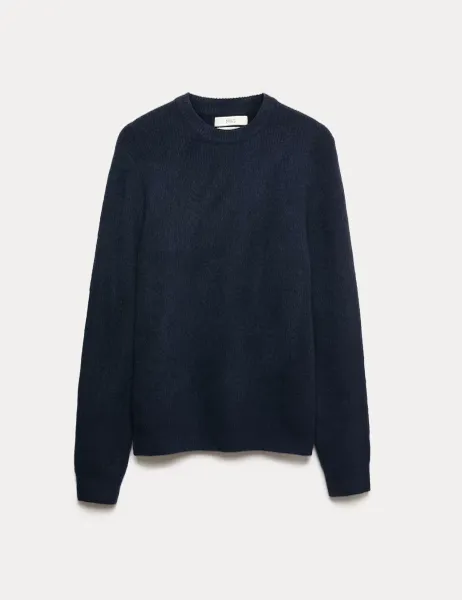 Marks & Spencer Supersoft Ribbed Crew Neck Jumper with Wool Dark Navy