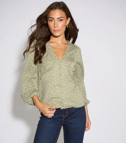 Women's Light Green Polka Dot V-Neck Button Blouse
