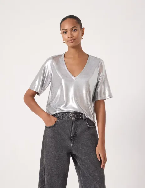 HUSH Metallic V-Neck T-Shirt Silver