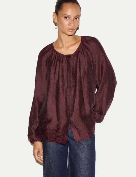 Jigsaw Textured Round Neck Regular Fit Top Burgundy
