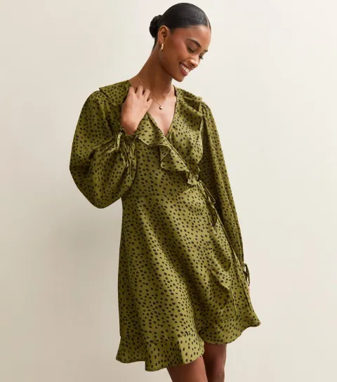 New Look Women's Green Spot Wrap Mini Dress