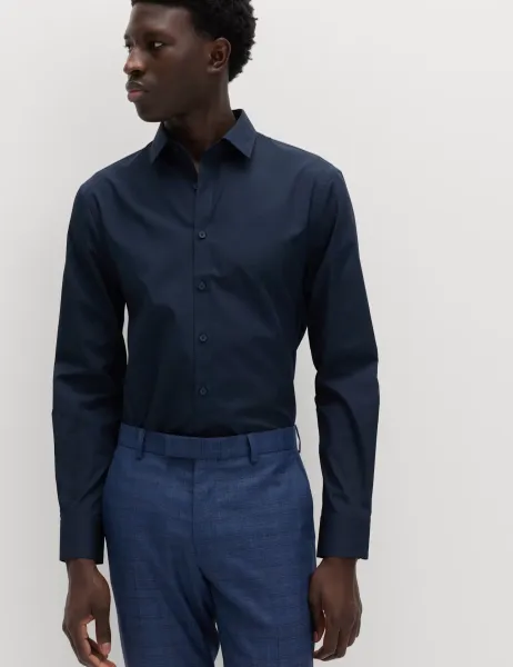 Marks & Spencer Slim Fit Easy Iron Cotton Blend Shirt Navy