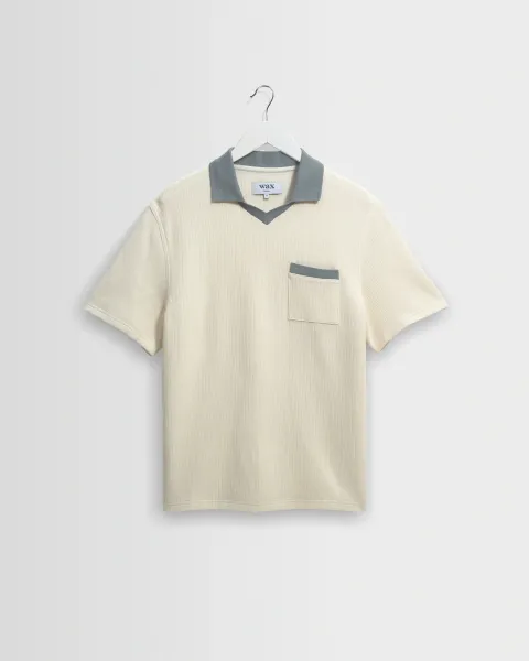 Pendal - Ecru and Blue Ribbed Organic Cotton Polo Shirt