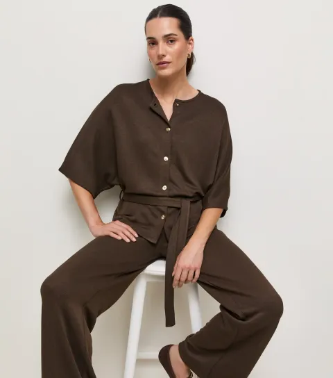 New Look Women's Dark Brown Soft Touch Batwing Belt Tie Cardigan