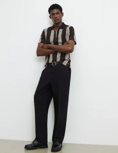 River Island Striped Half Zip Knitted Polo Shirt Brown Mix