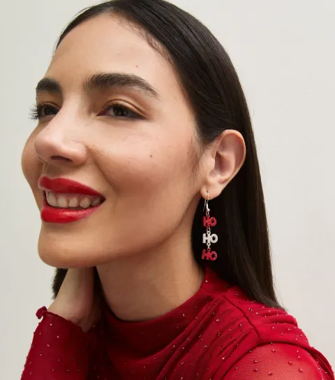 New Look Red Christmas Ho Ho Ho Embellished Drop Earrings