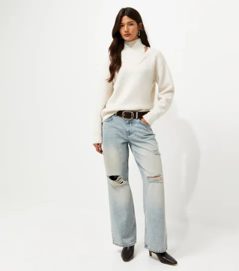 Women's Blue Ripped Low Rise Baggy Wide Leg Jeans