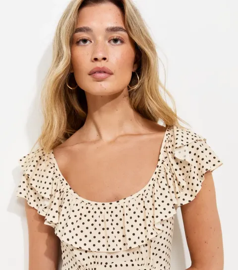 Women's Tall Cream Spot Print Ruffle Neck Midi Dress