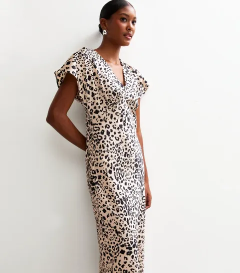 Women's Off White Leopard Print Satin Bias Cut Midi Dress