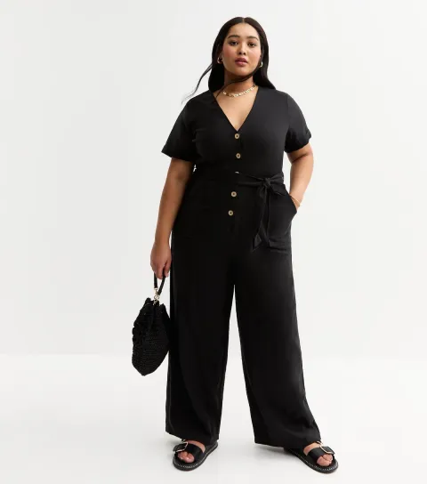 Women's Plus Size Black Button Up Jumpsuit Curves