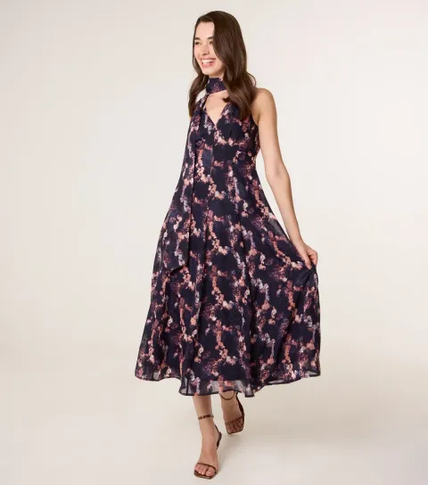 Women's Navy Textured Floral Print V-Neck Midi Dress
