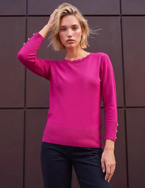 Roman Crew Neck Scallop Edge Button Cuff Jumper Fuchsia