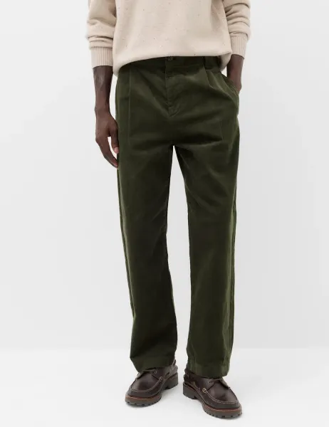 Marks & Spencer Relaxed Fit Corduroy Pleat Front Trousers Dark Khaki