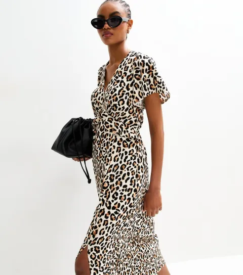 Women's Tall Brown Leopard Print Flutter Sleeve Midi Dress