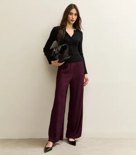 Women's Burgundy Textured Jersey Wide Leg Trousers