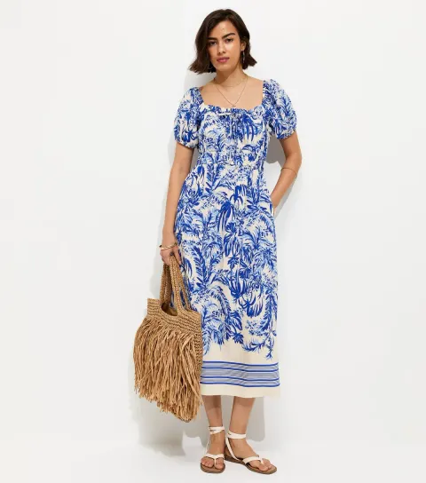 Women's Blue Leaf Print Milkmaid Midi Dress
