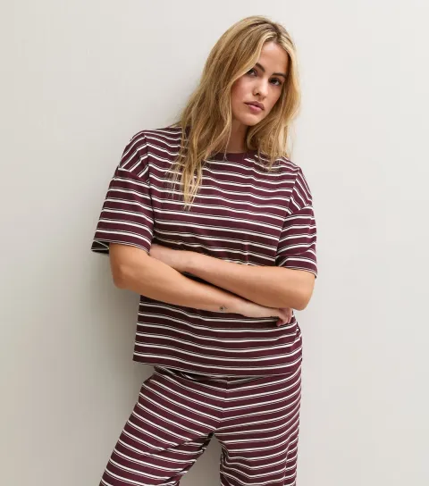 New Look Women's Dark Burgundy Cotton Rich Striped Boxy T-Shirt