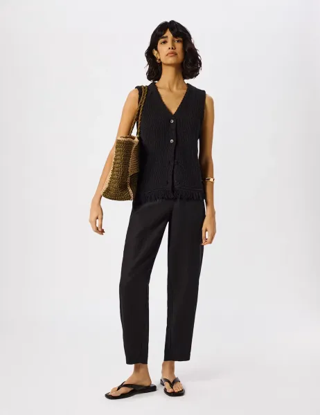 Whistles Pure Linen Barrel Leg Ankle Grazer Trousers Black