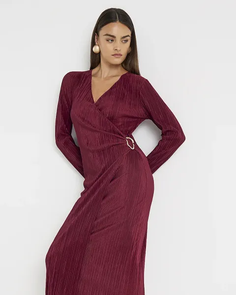 River Island Plisse Long Sleeve Wrap Midi Dress