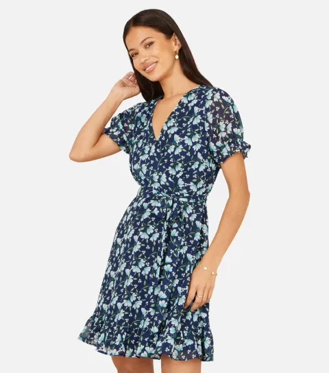 Women's Navy Floral Print Skater Wrap Mini Dress