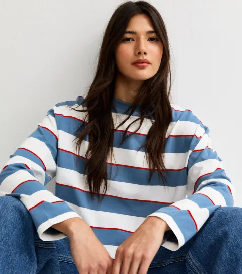 Women's Blue Striped Long Sleeve Skater T-Shirt