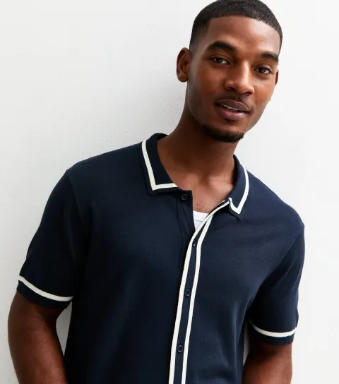 Men's Dark Blue Regular Fit Contrast Trim Stripe Placket Shirt