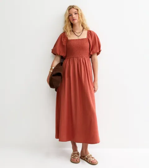 Women's Dark Orange Milkmaid Midi Dress