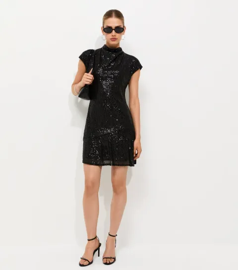 New Look Women's Black High Neck Sequin Embellished Mini Dress