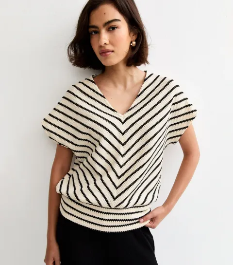 Women's White Soft Touch Textured Stripe Batwing Sleeve Top