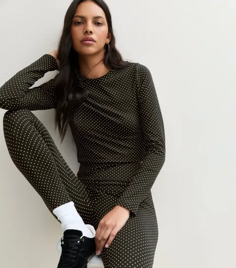 New Look Women's Black Cotton Rich Polka Dot Long Sleeve Baby Tee