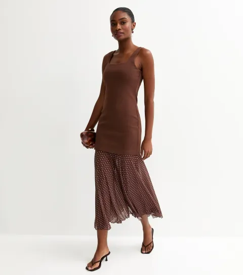 Women's Brown 2-in-1 Polka Dot Midi Dress