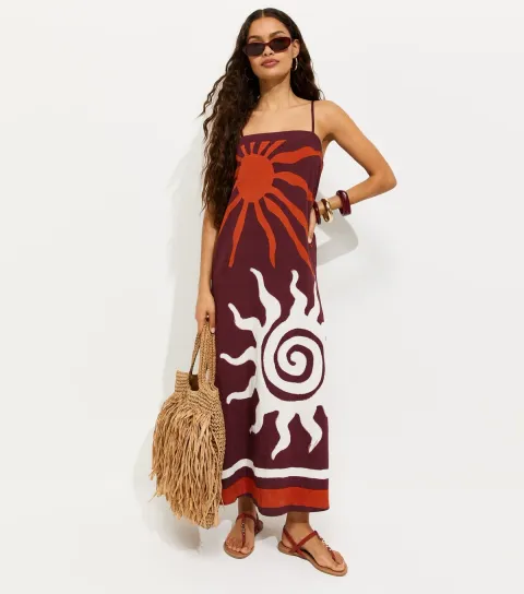 Women's Petite Brown Sun Print Beach Maxi Dress